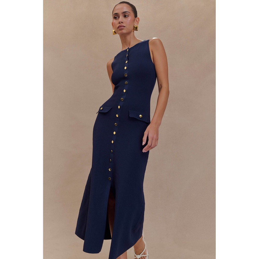 MESHKI Sawyer Sleeveless Buttoned Maxi Dress Navy Gold Buttons Size S